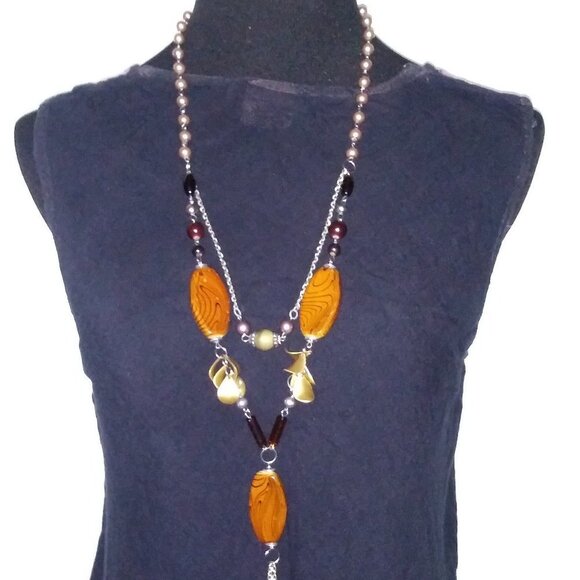 Costume Necklace Brown beads long boho - Picture 1 of 5